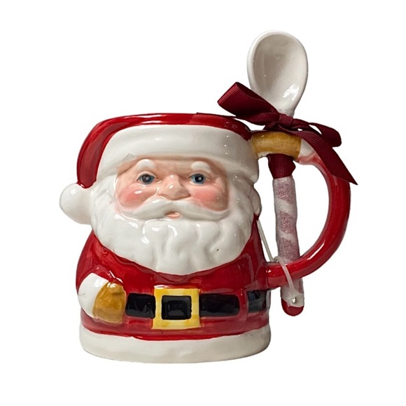 New Holiday Time 100% Earthenware Santa Claus & Stirring Spoon Mug Set - Picture 2 of 11